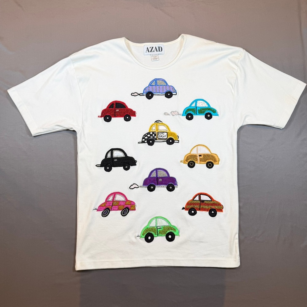 AZAD Vintage‎ White Cotton Beaded Car Embroidery T-Shirt Small NYC Taxi Tee